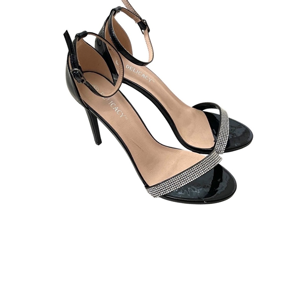 Delicacy Womens Black Patent Rhinestone Ankle Strap Stiletto Heels Size Ten 10